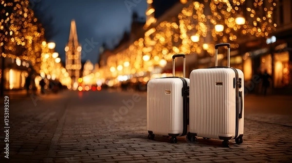 Fototapeta Warm and inviting photograph of two stylish, white suitcases standing on a city street at night, with a background of blurred Christmas lights.