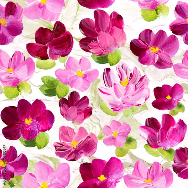 Fototapeta Seamless pattern of abstract pink flowers, original hand drawn, impressionism style, color texture, brush strokes of paint, art background
