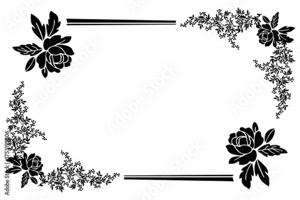 Fototapeta Floral frame with rose elements and a series of hanging leaves, elegant black and white decoration, to beautify the illustration of posters and invitation cards. Vector illustration eps
