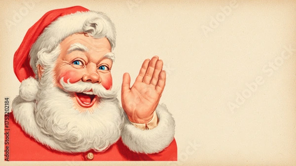 Fototapeta Jolly vintage retro illustration portrait of Santa Claus waving friendly holiday greeting. classic Christmas character with white beard smiling on cream background