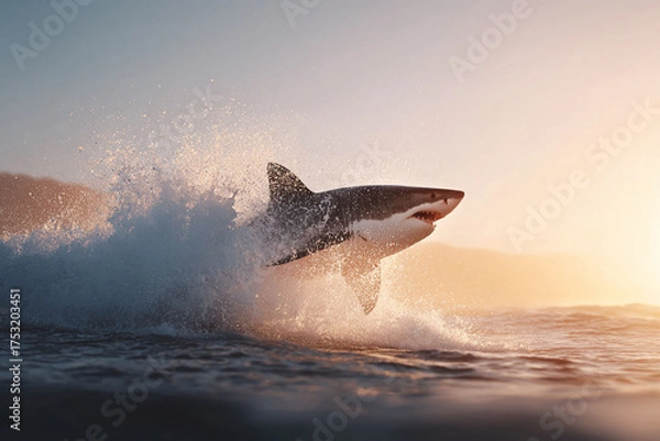 Fototapeta A powerful shark breaching the ocean surface at sunset. Symbolizes strength, danger, and the raw beauty of nature. Ideal for adventure or wildlife themes.