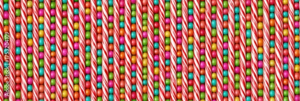 Fototapeta Cheerful, colorful candy background pattern with sweet, abstract texture. This vibrant food design with rows of sugar dessert evokes fun, playful feeling