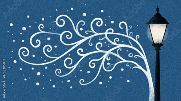 Fototapeta Whimsical blowing snow forms decorative swirl from glowing lamppost on cold winter night. This magical abstract illustration creates serene and enchanting fantasy scene