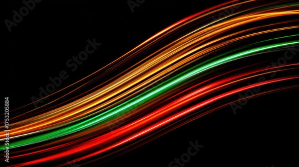 Fototapeta Energetic abstract background with colorful light trail in motion. glowing wave and vibrant line create dynamic feeling of speed against dark backdrop
