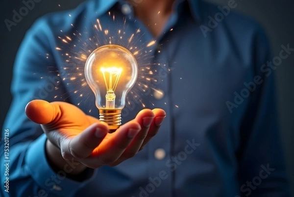 Fototapeta Person holding a glowing light bulb with sparks emanating