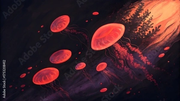 Fototapeta Red blood cells flowing through a dark cosmic environment