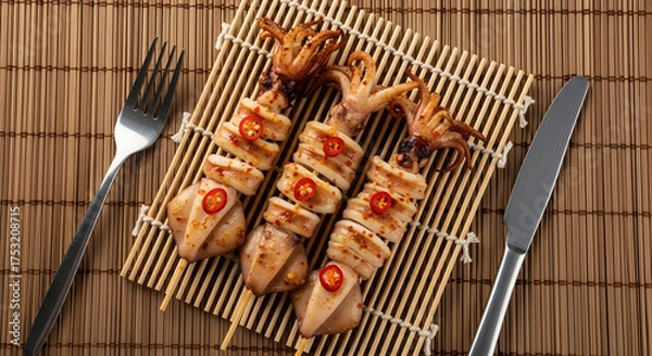 Obraz Delicious grilled squid skewers with spicy chili topping.