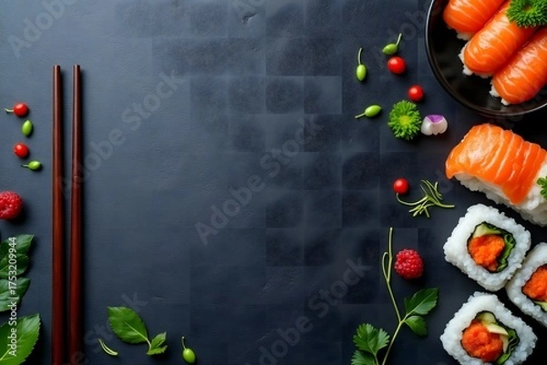 Fototapeta Delicious salmon sushi and maki rolls with chopsticks on dark surface