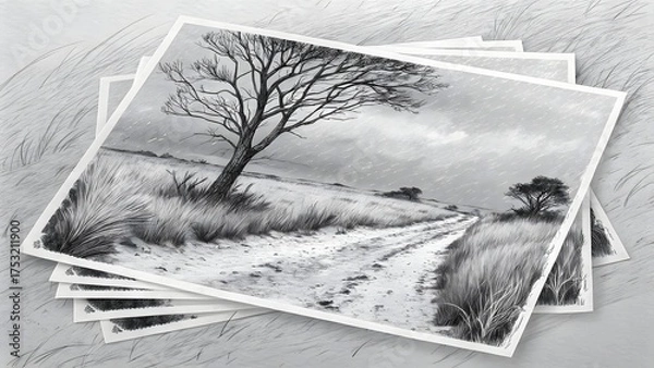 Fototapeta Black and white snowy landscape with tree and path