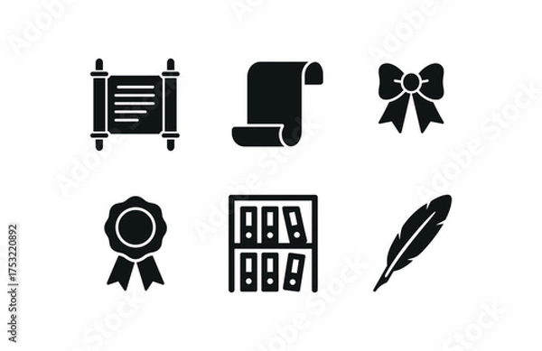 Obraz flat black solid icon items isolated on white background scroll spine rolled paper ribbon tie wax seal archive shelf ink quill