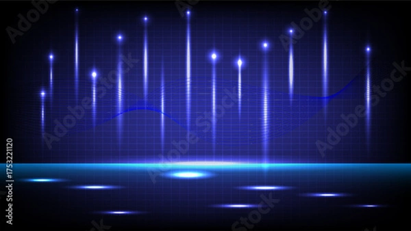 Fototapeta Abstract technology background featuring glowing blue beams, digital grid and light reflections