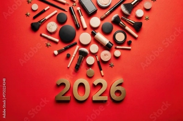 Fototapeta Flat lay arrangement of various beauty products and tools on vibrant red background, featuring the year 2026, symbolizing trends in cosmetics and makeup artistry