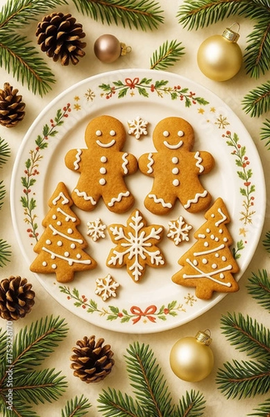 Fototapeta Delicious sweet cookies, gingerbread men, Christmas trees and snowflakes with white glaze, with green branches of the Christmas tree and New Year's decor