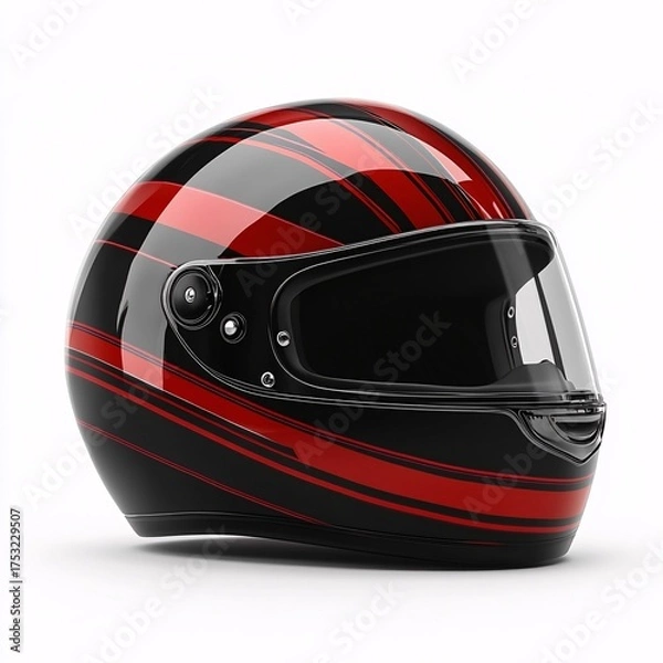 Obraz A sleek, modern racing helmet featuring a dynamic design with bold red stripes against a black backdrop, suitable for various motorsports, isolated in white background. High quality render.