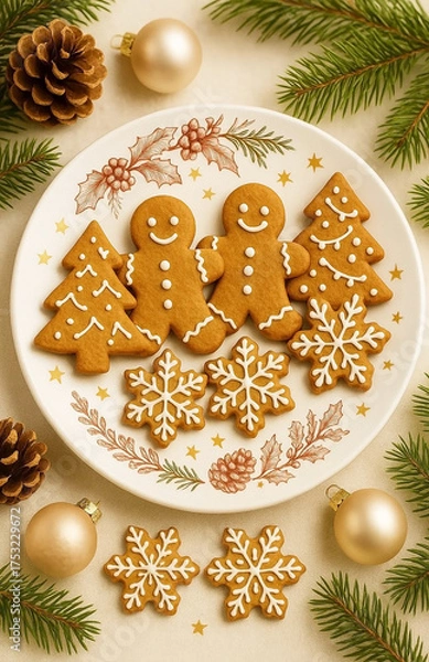 Fototapeta Delicious sweet cookies, gingerbread men, Christmas trees and snowflakes with white glaze, with green branches of the Christmas tree and New Year's decor