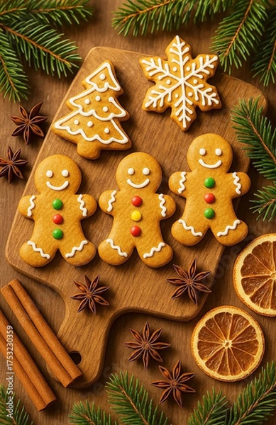 Fototapeta Delicious sweet cookies, gingerbread men, Christmas trees and snowflakes with white glaze, with green branches of the Christmas tree and New Year's decor