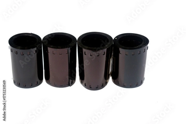 Obraz rolls of photographic film, a strip of transparent plastic film coated with a light sensitive emulsion, that forms a latent image when exposed to light, then chemically developed to create photograph