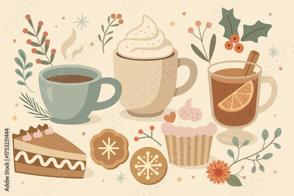 Fototapeta Winter coffee and dessert set. Cozy winter vector illustration featuring hot coffee, cappuccino with whipped cream, and festive desserts surrounded by pine branches, holly berries, and winter greenery