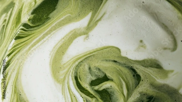 Fototapeta Close-up of creamy green matcha tea swirling with white milk, creating a dynamic and textured abstract marbled pattern suitable for food, beverage, and culinary backgrounds.