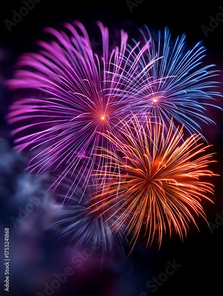 Obraz Spektakuläres buntes Feuerwerk am Nachthimmel in Orange Pink und Blau