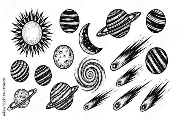 Fototapeta Black and white illustration of celestial bodies including sun moon planets and comets space