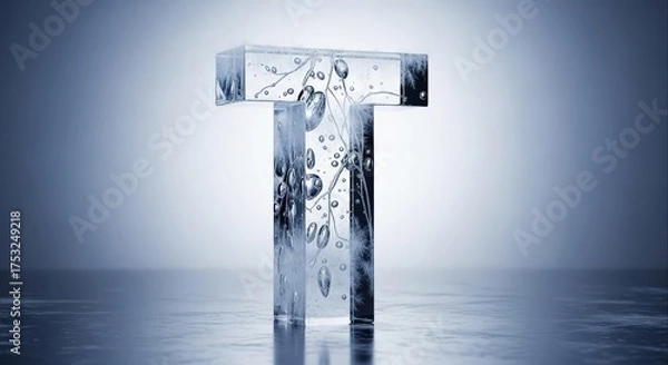 Fototapeta Clear Glass Letter T with Bubbles on Glossy Surface - Blue Tones