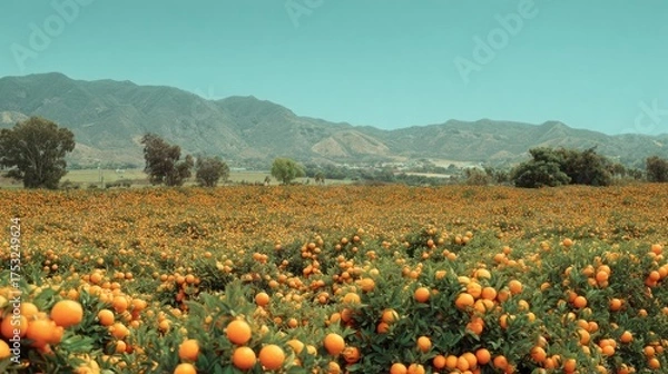 Fototapeta A wide orange orchard stretches toward distant mountains under a clear sky, with rows of fruit laden trees filling the frame, showcasing abundant harvest, neat agriculture lines, and rural scenery.