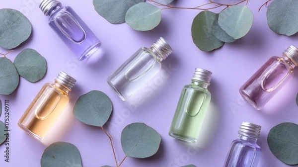 Fototapeta Small glass/plastic bottles filled with pastel colored essential oils/shower gels lie on a lavender surface among eucalyptus leaves, in a flat lay pattern with soft studio lighting, metal screw caps.