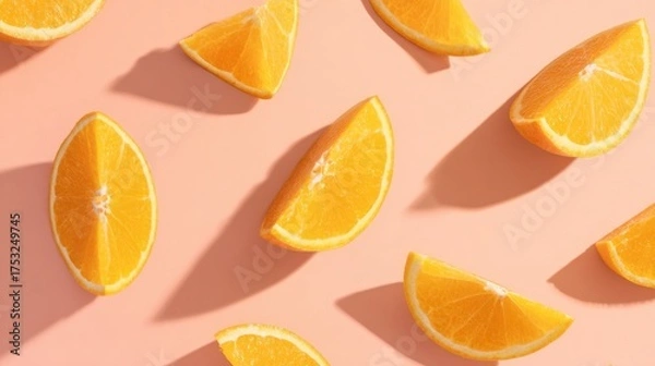 Fototapeta Bright orange slices and wedges are scattered across a peach background in even light, showing juicy textures, vibrant color, clean shadows, and a fresh citrus food or wellness concepts.