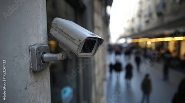 Fototapeta Outdoor cctv security camera with a glowing red lens is mounted on a concrete wall overlooking a busy city street, with pedestrians in soft focus and evening lighting suggesting active surveillance.