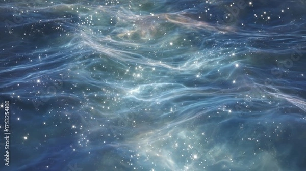 Fototapeta Shimmering blue liquid surface ripples with soft light trails and star like sparkles, forming a celestial ocean texture that blends water and galaxy aesthetics. dreamy background motion graphics.