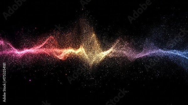 Fototapeta Vibrant rainbow sound waves made of glowing particles flow across a dark background, forming dynamic curves and dust, visualizing audio frequency spectrum and energy motion for modern design.