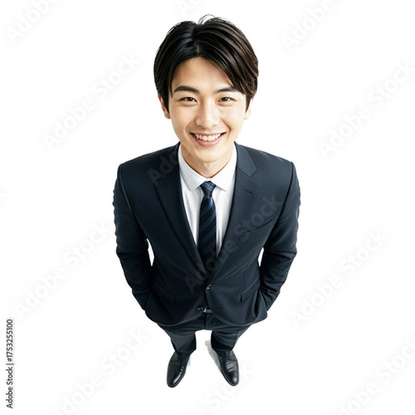 Fototapeta Transparent background／背景透過のスーツ姿で笑顔の若いビジネスマン（俯瞰・切り抜き・コピースペース）