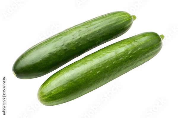 Fototapeta Two vibrant green cucumbers isolated on a white studio background. A fresh, raw vegetable duo perfect for a healthy diet, salads, and nutritious meals