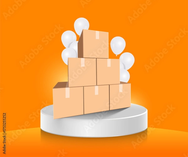 Fototapeta Several parcel boxes or cardboard boxes are stacked one on top of the other and all placed on a white circular podium, vector 3d on orange background for delivery, online shopping concept design