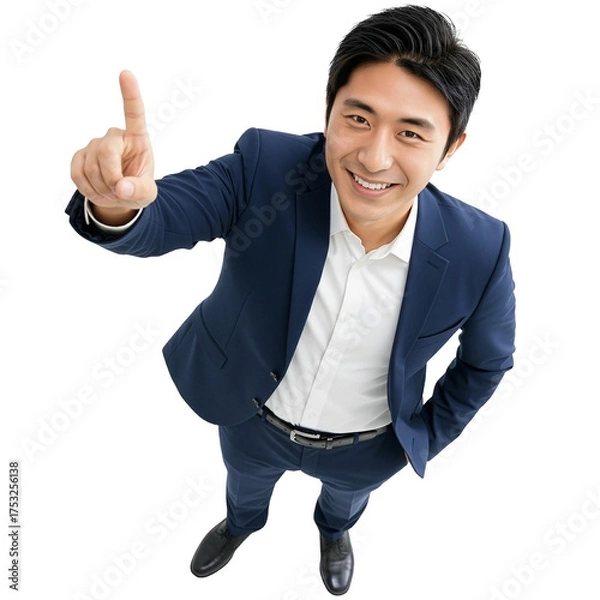 Fototapeta Transparent background／背景透過の指をさすスーツ姿の若いビジネスマン（俯瞰・切り抜き・コピースペース）