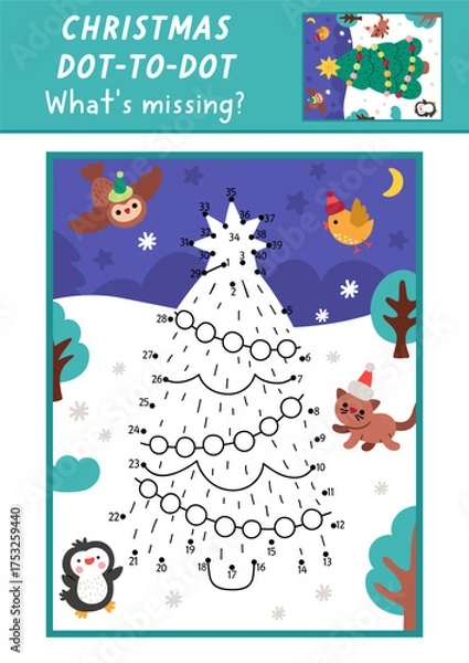 Obraz Christmas vector dot-to-dot and color activity with cute decorated fir tree, colored winter snowy scene. New Year connect the dots game for children with. What is missing printable worksheet