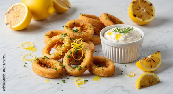 Obraz Delicious Fried Calamari Rings with Lemon and Dipping Sauce.
