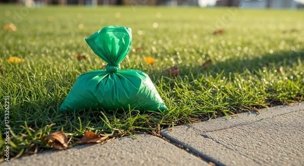 Obraz Eco-friendly dog poop bag on grass by sidewalk – ecology theme