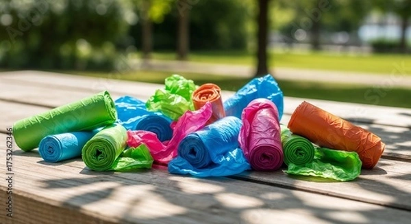 Obraz Colorful eco-friendly dog poop bags on wooden bench – ecology theme