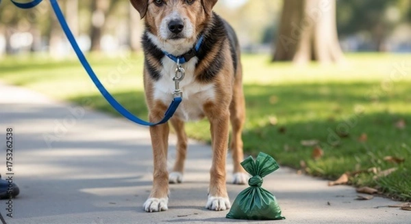 Obraz Dog on leash near green eco-friendly poop bag on sidewalk – ecology theme