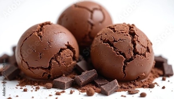 Obraz Three chocolate ice cream scoops rest on a white surface scattered with cocoa powder and dark chocolate pieces. The creamy dessert offers a rich indulgent treat perfect for summer or any occasion.