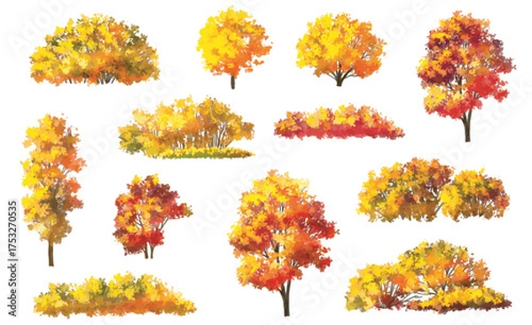 Fototapeta Vector watercolor illustration of a blooming flower tree or forest side view, ginkgo isolated on a white background, suitable for landscape and architecture drawing. The illustration includes elements