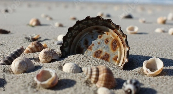 Obraz Rusty bottle cap on beach, ecology pollution problem