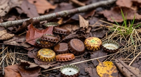 Obraz Rusty bottle caps in forest, ecology pollution problem
