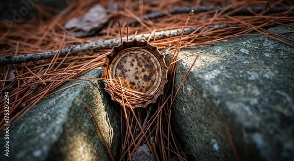 Obraz Rusty bottle cap in forest, ecology pollution symbol