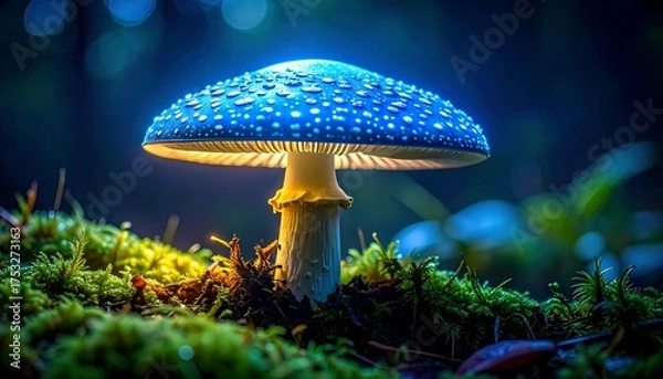Obraz Bioluminescent Blue Mushroom in a Magical Forest.