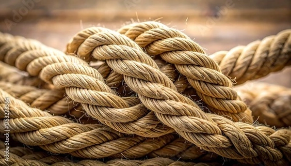Fototapeta Closeup of a thick textured rope coiled and intertwined showcasing its natural fibers and robust construction.