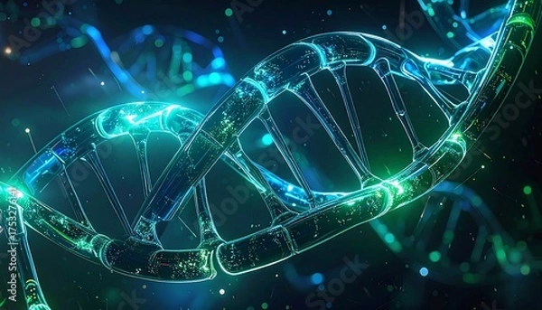Fototapeta DNA Double Helix Structure in Blue and Green Light.