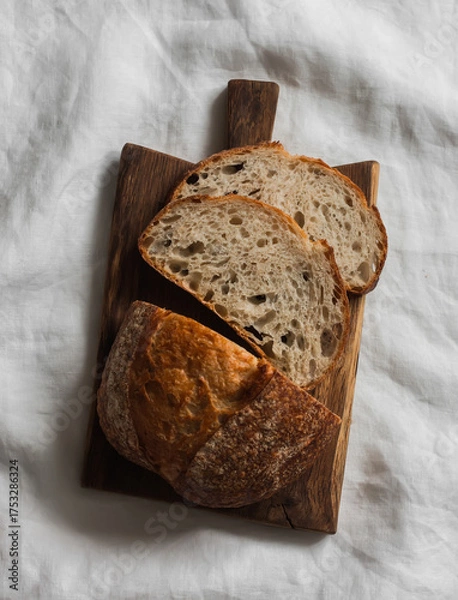 Fototapeta Sourdough homemade tartine bread on a wooden cutting board on a light background, top view